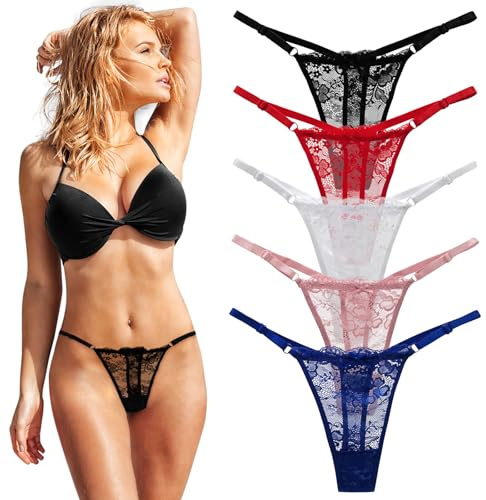 FUIPVGI 5 Pièces String Femme, Culotte Dentelle Sexy Chic, Couture Respirant Slip (FR/ES, Alpha/Lettres, Taille Unique, Normale, 5 Couleurs)