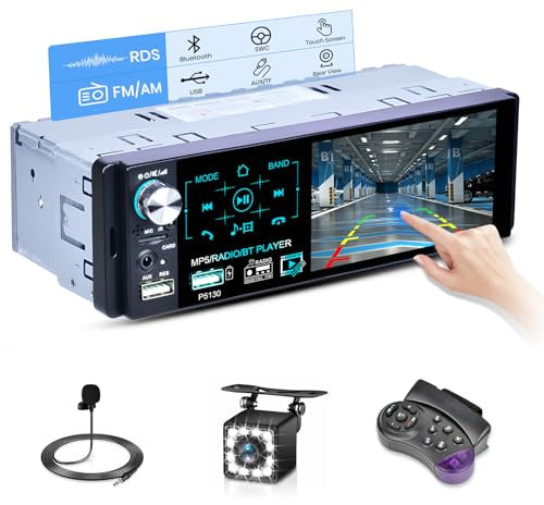 Hikity 1 DIN Radio Coche con Pantalla Táctil Compatible con Radio FM Am RDS, 4.1 Pulgadas HD Touchscreen Autoradio Bluetooth 1 DIN con 2USB TF AUX SWC + Cámara Trasera + Mic