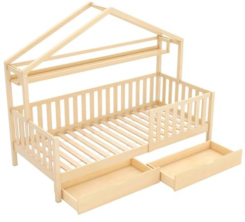 Azkoeesy Kinderbett hausbett mit Stauraum, mit 2 Schubladen und Ablage, mit Fallschutz und Gitter, 90 x 200 cm, Natur