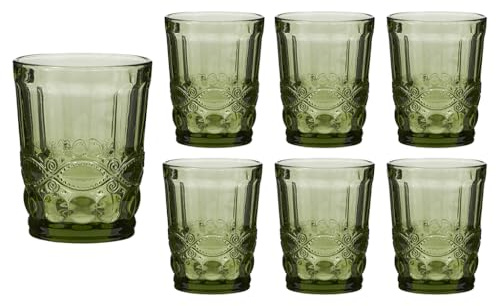 Set of 6 Embossed Assorted Baroque 250ml Tumbler Drinking Glasses (Green) | Dishwasher Safe, Vintage Style, Coloured Glassware, Tumbler Glasses, Alfresco Dining