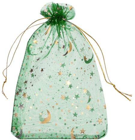 QUARKZMAN 50 Stück Organzasäckchen, 10x15cm Geschenksäckchen Schmuckbeutel Moon-Star-Muster Mesh Säckchen mit Zugband, Organzabeutel für Hochzeit Party Weihnachten Süßigkeiten, Grün-Gold