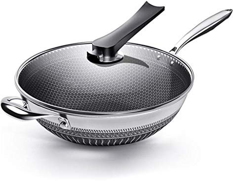 CQIKRWGWS Topf Bratpfanne Edelstahl Wok Wabenbratpfanne mit Glasdeckel Sauteuse Küchenkochgeschirr Krakenfüße