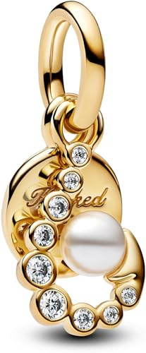 Pandora Moments 763891C01 - Medallón colgante de amanecer de plata de ley chapada en oro de 14 quilates con circonitas y perlas sintéticas, compatible con Me y Moments, 6x14,6x8,2 mm, Plata de ley