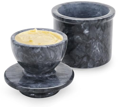 Flexzion Marble Butter Crock with Lid for Countertop - 4.25 French Marble Butter Keeper Dish Holder Container Pot with Water Line for Kitchen Home Decor Display Gift, Black