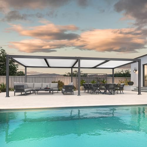 Pérgola bioclimática de aluminio de 8,5 x 3,5 m con techo ajustable gris y blanco, postes de jardín contemporáneo, para terraza y espacios al aire libre