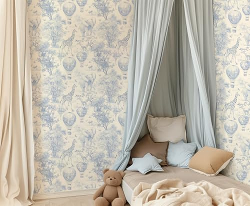 RollsRolla Forest Animal Self-Adhesive Wallpaper, French Country Style for Girls and Boys Room, Peel and Stick Suitable for Nursery, Bedroom, Bathroom and Party Backdrop (Blue)
