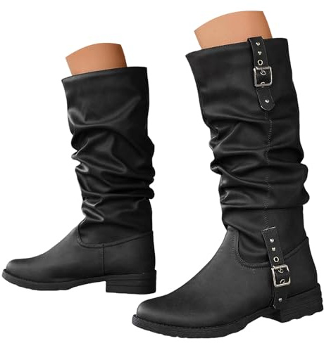 Xbemkste Stivali da cowboy da donna alti arricciati con fibbia laterale, eleganti stivali lunghi al ginocchio, stivali da mezza stagione