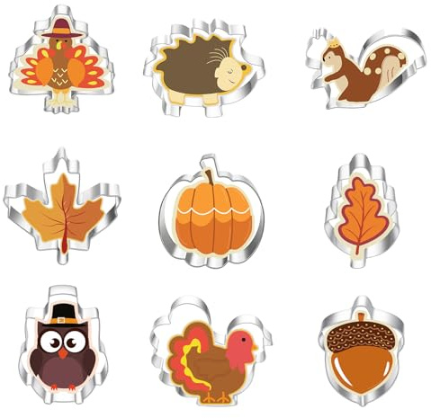 9Pcs Autumn Cookie Cutters - Thanksgiving Biscuit Cutters, Fall Themed Holiday Cookie Cutter Shapes of Pumpkin,Maple Leaves,Oak Leaves,Turkey,Squirrel,and Acorn