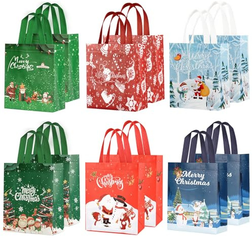 TOOELMON Geschenktüten Weihnachten, 12 Stück Non Woven Weihnachtstaschen Weihnachtstüten mit Griffen, Wiederverwendbare Weihnachts Geschenktüten, Weihnachtsgeschenktüten für Xmas Party
