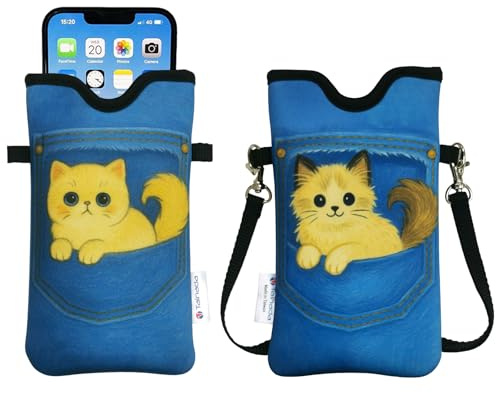 Tainada Men Women Neoprene Mobile Phone Sleeve Pouch Case Bag w/Crossbody Strap/Neck Lanyard for iPhone 17/16 Pro Max, Air, 16/15 Plus, 16e; Samsung S25+, S24, A56 (Jeans Cats) | For cats lovers; Lightweight holder carrier bag w/ adjustable lanyard; Original design, made in Taiwan; Fits most cellphones
