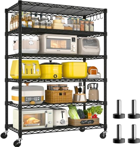 BuxWellBang 91x40x193cm Storage Shelf, 6 Tiers Heavy Duty Metal Storage Racking Shelf with Wheels, Load Capacity 680kg Shelving Unit for Kitchen Pantry Garage Shed Closet Warehouse Balcony Black