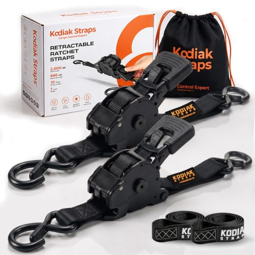 KODIAK STRAPS Automatik Spanngurte 25mm 3m mit S Haken | 800KG Selbstaufrollend Spanngurte mit Ratsche | Zurrgurte mit Ratsche für LKW Anhänger, Motorrad, Fahrrad | Schwarz - 2 Stück