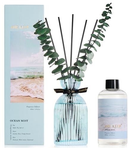 Airkeep Raumduft mit Duftstäbchen 200ml – Ocean Mist – Reed Diffuser mit 6 Stäbchen & dekorativer Glasflasche für Bad, Schlafzimmer & Wohnzimmer