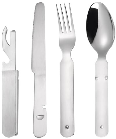 Cubiertos del ejército alemán, con cuchillo, tenedor, cuchara y abrelatas, acero inoxidable, para camping, juego de cubiertos para exteriores, acero inoxidable, portátil, cubiertos de senderismo