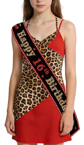 Sursurprise Banda de satén rojo y negro para niñas con estampado de leopardo y guepardo y cereza, decoración de fiesta temática de leopardo
