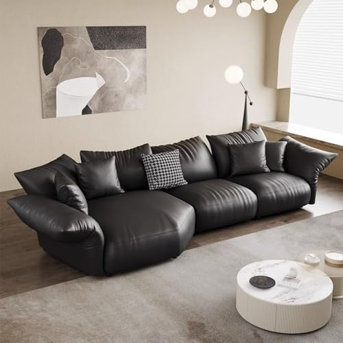 Italiensk lyxig enkel L-formad svart lädersoffa, massiv träram, rymlig och mjuk soffa, modern stor storlek, lämplig för vardagsrum/kontor/villa.