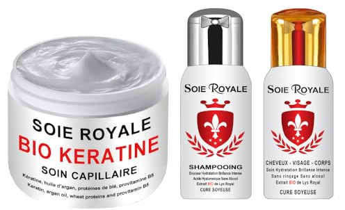 Coffret Cadeau Rouge Soin Capillaire Bio Kératine 250 ml Shampooing régénérant et Sérum Soie Royale Cure Soyeuse 66 ml sans rinçage Répare Hydrate Nourrit Démêle Brillance Intense pour cheveux