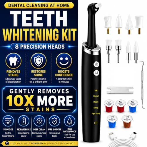 Electric Tooth Polisher, Plaque Remover for Teeth, Tooth Stain Tartar Remover, Teeth Cleaner, Dental Cleaning Kit for Tooth Whitening, 5 Modes, Rechargeable & LED Light (Black)