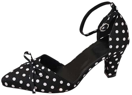 Escarpins pour femme au design ludique à pois - Sandales rétro avec talon bloc et sangles de cheville - Chaussures élégantes des années 50 pour fête et danse, Style Q02 noir, 37 EU
