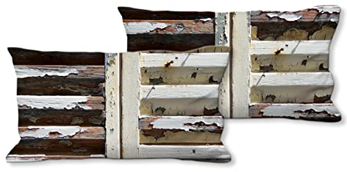 Glücksvilla - Künstler-Foto-Kissen-Hüllen - Kissen-Bezüge Set (2 STK.) 80 x 40 cm, Zierkissen - Deko-Kissen. Motiv: Französischer Fensterladen - Holz Struktur Wand Tür Muster Fotografie
