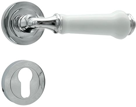 domino Türgriff Drückergarnitur PZ - Profilzylinder Set | Rund-Rosette | Türklinke für Zimmertür, Bürotür, Kellertür & Innentür | Türbeschläge aus Edelstahl mit weißer Keramikeinlage | LUDWIK-R M6