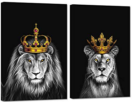 iHAPPYWALL 2-teiliges Set Löwe und Löwin, Leinwand-Kunst, schwarz und weiß, Löwe mit goldener Krone, König, Tierbild, Kunstwerk für Schlafzimmer, fertig zum Aufhängen, 40.6 x 61 cm x 2 Stück