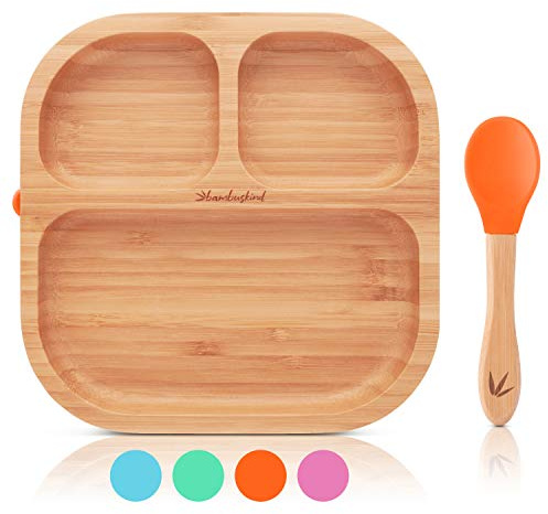 bambuskind Kinderteller mit Saugnapf orange I Inkl. Rezepte-Ebook I rutschfester Babyteller aus nachhaltigem Bambus mit flexiblem Löffel I Kindergeschirr-Set zum Essen lernen