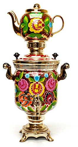 Summer Flowers Electric Gold Samovar Kettle with Ceramic hand painted Teapot and Tray