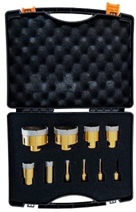 EDMA - Coffret 10 Trépans Diamantés Meuleuse ø 6, 8, 10, 12, 28, 35, 40, 45, 65, 68 mm - Scie Cloche pour Carrelage - Forets Diamantées - 252055 - Outil de Travail pour Carreleur Professionnel