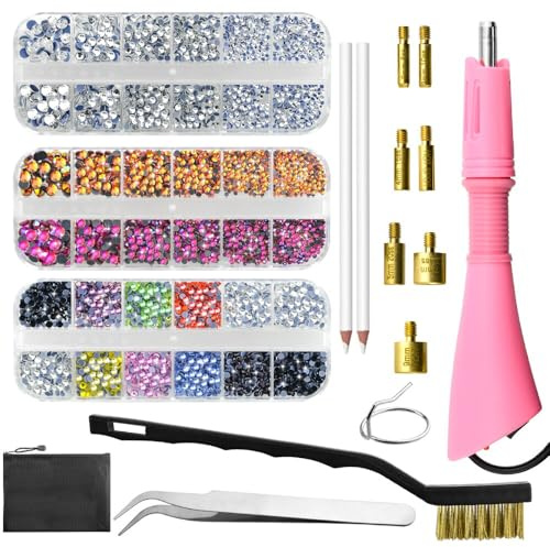 XINMEIWEN Hot fix Applikator Tool mit Strassstein DIY Wand Setter Tool Kit einschließlich 7 verschiedene Größen Tipps Pinzette & Pinsel Reinigungsset und 3 Pack Hot-Fix Crystal Strasssteine (Pink)
