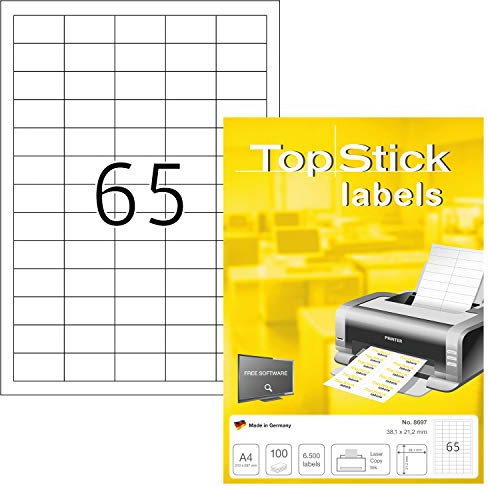TopStick 8781 Adressetiketten, 1000 Blatt, 38,1 x 21,2 mm, 65 pro A4 Bogen, 65000 Stück, selbstklebend, bedruckbar, matt, blanko Papier Adressaufkleber Etiketten, weiß