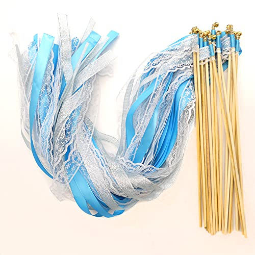 30x Hochzeit Zauberstäbe mit Glocken,Spitzen Luftschlangen Seide Fee Stick,Lace Ribbon Wedding Wands Fairy Stick Wish Wands für Hochzeit Partys Babypartys Geburtstag Urlaub Feiern Weihnachten,Blau