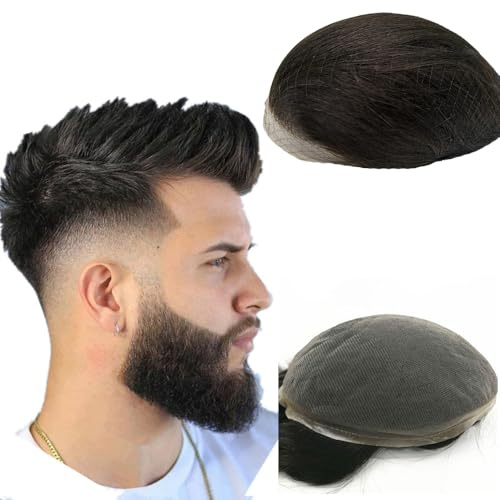 N.L.W. Echthaar Toupet für Männer, Vollspitzen Haarsystem für Männer Schweizer Spitzen Toupet Europäische Herren Toupet Echthaar 10 x 8 (#1B Naturschwarz)