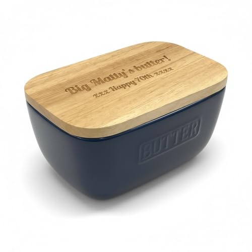 Personalised Blue Ceramic Oak Lid Butter Dish - Any Message Engraved