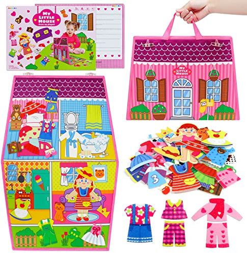 OKOOKO 35PCS Dress Up House Felt Board, Storytelling & Dress-Up Play Set, Change Clothes Game, Double-Sided Foldable Flannel Board, Early Learning Interactive Play Kit for Toddlers & Kids