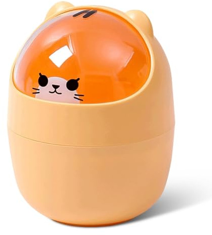 Cyrank Cute Mini Desktop Trash Can, Decorative Waste Basket Tiny Tabletop Wastebasket Garbage Bin Cartoon Cat Animal Shape Waste Paper Bin with Swing Lid Mini Countertop Trash Can Small Garbage Can