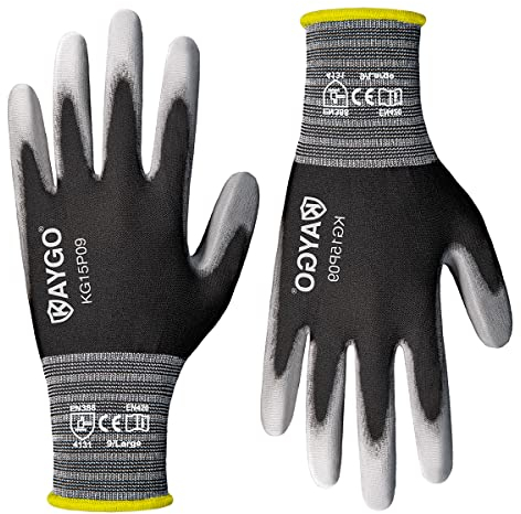 KAYGO Thin Work Gloves PU Coated 12 Pairs, KG15P, Nylon Liner with Flexible Polyurethane Coating Lightweight Safety Work Gloves for Precision Handling Work, DIY, Assembly, Warehouse (Black, L)