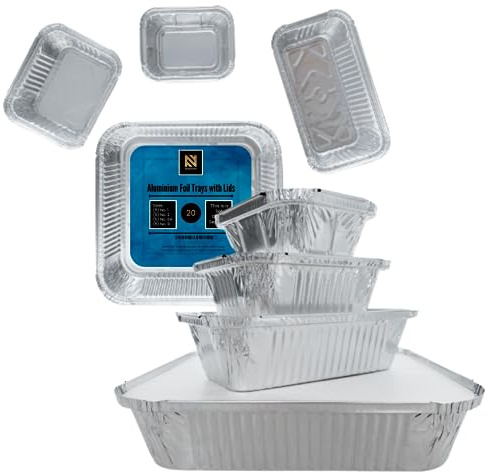NUNOCHO Aluminium Foil Trays With Lids, Set Pack 20, 4 Sizes, 5 each | Tin Foil Trays, Meal Prep Containers, Reusable Disposable, Baking Tray, Cooking, Freezer Storage Boxes, Takeaway Boxes.