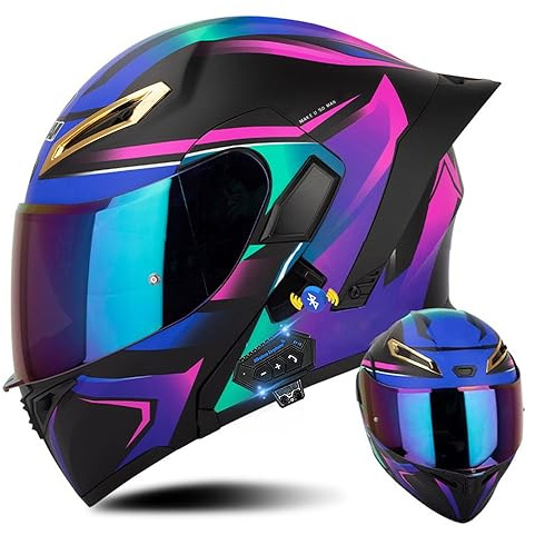 Klapphelm mit Bluetooth, Integralhelm mit Doppelvisier - ECE Zertifiziert, Lila für Erwachsene Frauen und Männer - Hohe Qualität für Roller-Mofa-Moped