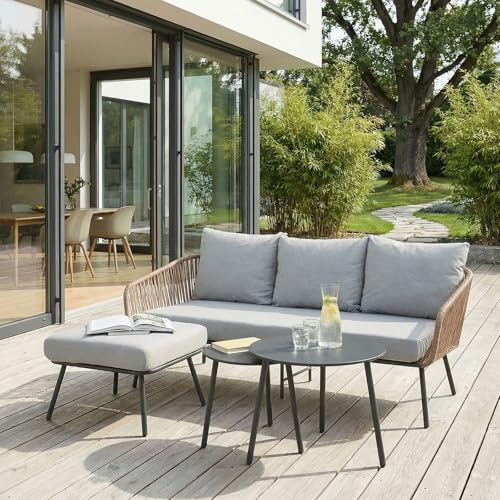 IDIMEX Gartenlounge Mykonos, braun/grau - Balkon Lounge Sofa mit Dreisitzer, Hocker & Beistelltisch, Wasserabweisende Kissen, wetterfest für Balkon und Terrasse