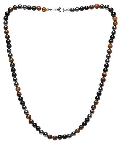 Handgefertigte Herren Tigerauge Onyx Perlenkette - Natürliche Edelstein-Heilungs-Kristallschmuck für Männer und Frauen (Schwarz/Hämatit/Tigerauge)