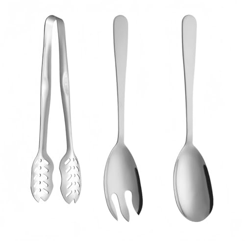 Ymeibe Salad Spoon and Fork Stainless Steel Tong Serving Set, Heavy Duty Smooth Finish Metal Serving Utensils Large Salad Servers for Home Kitchen Party Buffet Supply (Silver)