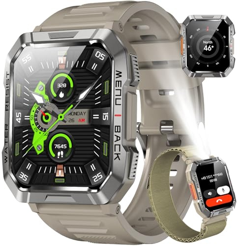 Blackview Montre Connectée Homme, Fonction Ilumination, Double Bracelets, Écran 1.39 TFT, Cardiofréquence/SPO2 à 24 Heures, Analyse Sommeil, 100 Modes de Sport, pour Android/iOS (Kaki)
