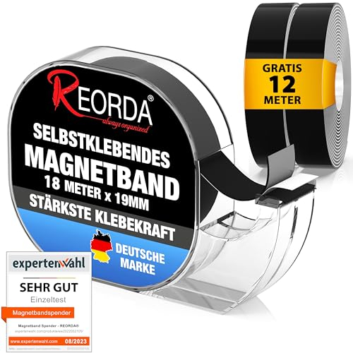 REORDA® Magnetband selbstklebend im Spender (18 Meter) - Magnetstreifen - Magnetklebeband hervorragend für Postkarten, Fotos & Whiteboards geeignet