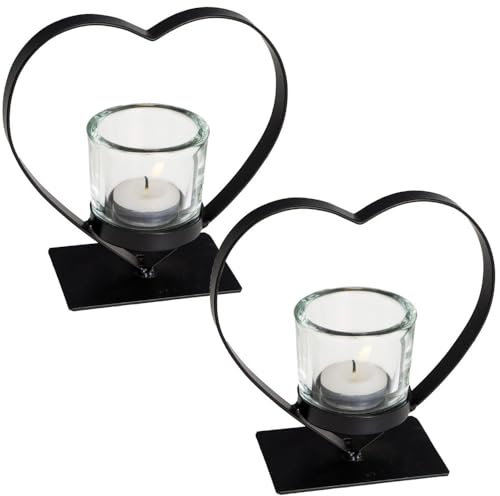 Virsus Set 2 Portacandele a Forma di Cuore 5169, misura 15x6x15 cm, Struttura Metallo Nero con Bicchiere in Vetro per candela TeaLight, per Bomboniere, Regali, Matrimonio, Feste, Comunione