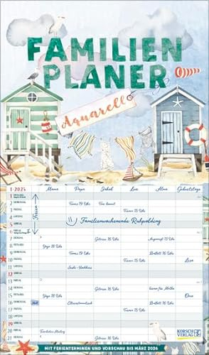 Familien Planer Aquarell - Familienplaner 2025 für 6 Personen - Korsch-Verlag - Kalender mit 6 Spalten zum Eintragen - 27 cm x 46 cm
