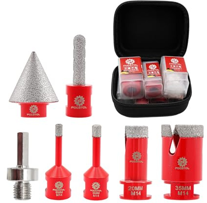 FOCSTOL Foret Diamant Carrelage Kit - 7 pièces (6/8/20/35mm+10mm Fraise+35mm Mèches Chanfrein Biseautées+Adaptateur) Scie Cloche Diamantée pour Porcelaine Carrelage Marbre Granit