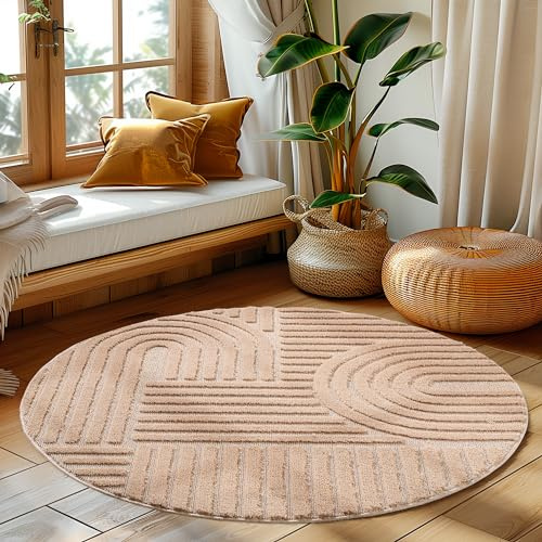 HomebyHome Teppich Rund 120 cm Rosa, Hochflor Wohnzimmer Teppich, Weich & Flauschig, Skandinavisch Boho Stil, Langflor Shaggy, Pflegeleicht, Jute Rückseite