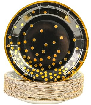 DHAIQC Lot de 50 Assiette Jetable Bordure Dorées 18cm, Or Noir Vaisselle Jetable Anniversaire Assiettes Dessert Assiette Carton pour Barbecue Camping Mariages Fête Anniversaire (Or Noir, 18CM)