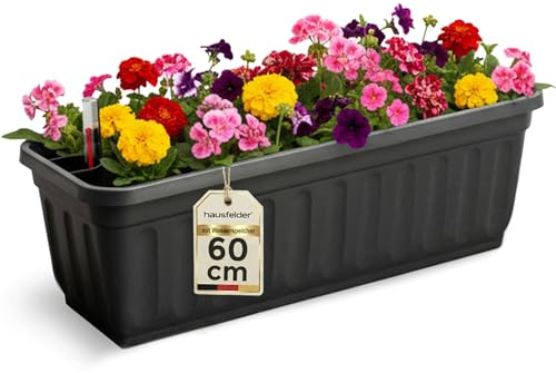 Hausfelder Blumenkasten 60 cm mit Wasserspeicher und Wasserstandsanzeige, Balkonkasten mit Bewässerungssystem für die Fensterbank für Innen und Außen (Anthrazit-Schwarz, 60cm lang)